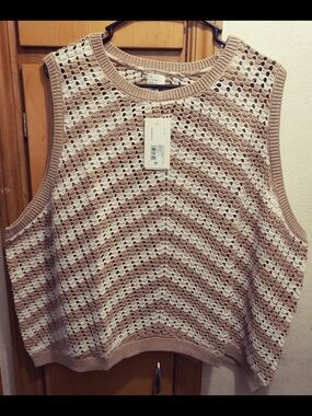 a new day Beige and White Crochet Sleeveless Sweater Vest